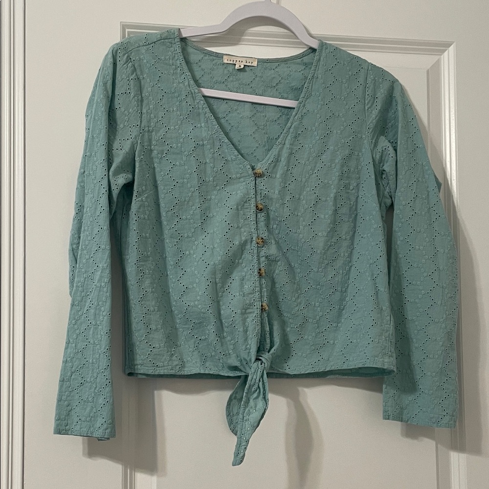 Copper Key Light Teal Eyelet Tie-Front Long-Sleeve Blouse